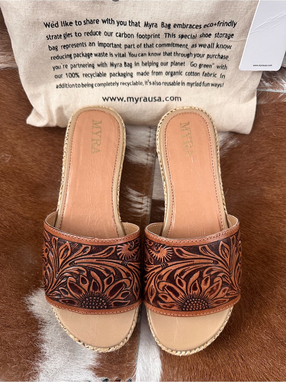 Myra Bag Tan & Brown Tooled Leather Slide Mules